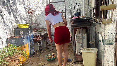 MY STEPDAUGHTER CLEANING THE YARD IN A SKIRT, HER BUTT IS IRRESISTIBLE