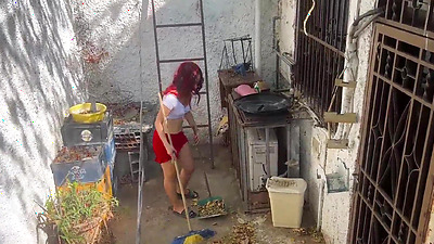 MY STEPDAUGHTER CLEANING THE YARD IN A SKIRT, HER BUTT IS IRRESISTIBLE