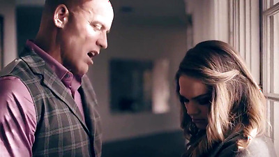 Stepdad finds out his stepdaughter is a stripper and makes her give him a lap dance.The small tits brunette sucks his big penis and then gets banged