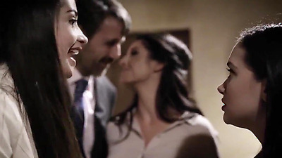 New latina stepdaughter is welcomed to the family by having sex.The big juggs girl sucks her stepdad penis and is fucked as she licks her stepsis pussy