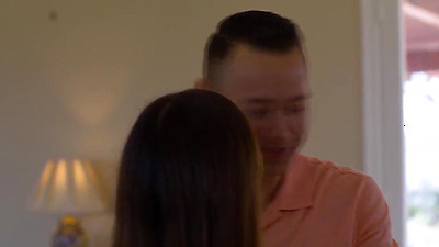 Brunette stepdaughter fell in love with her stepdad.She keeps teasing him until he gives in.The guy sucks her big boobies before licking and fucking her