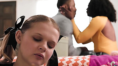 Tiny stepdaughter gets her hairy teen pussy plowed by her big penis black stepdad