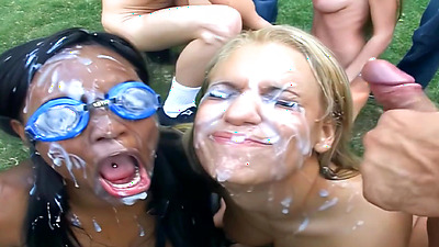 Too Much Cum In The Sun-2 Girls Bukkake