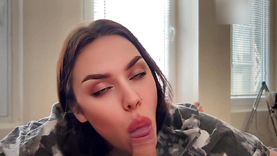 A brunette with a big booty gets up doggy style and passionately sucks penis