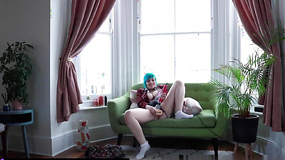 Blue-Haired Teen in School Uniform Pleasures Herself with Toys