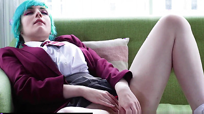 Blue-Haired Teen in School Uniform Pleasures Herself with Toys