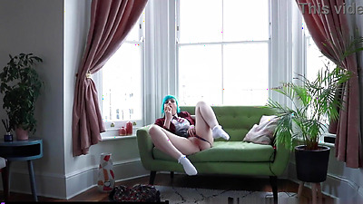 Blue-Haired Teen in School Uniform Pleasures Herself with Toys