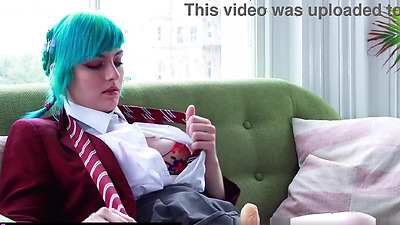 Blue-Haired Teen in School Uniform Pleasures Herself with Toys