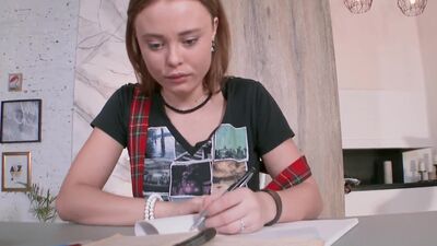 Lazy student squeezes her boobs when tutor walks into the room