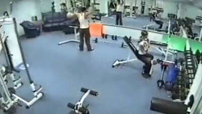 Security cam in the gym filming threesome fuck!