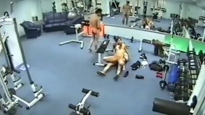 Security cam in the gym filming threesome fuck!