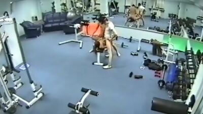 Security cam in the gym filming threesome fuck!