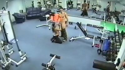 Security cam in the gym filming threesome fuck!