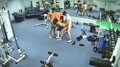 Security cam in the gym filming threesome fuck!