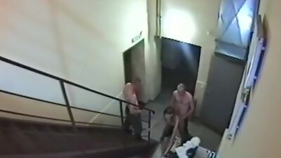 Crazy chick gets double penetrated on the stairs!