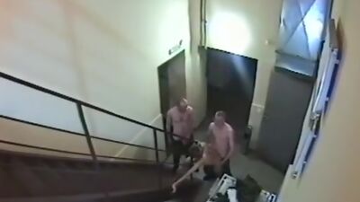 Crazy chick gets double penetrated on the stairs!