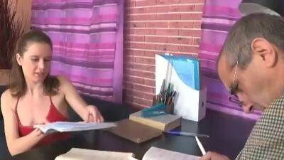 This student gets good grades because she lets the teacher spunk all over her little tits!