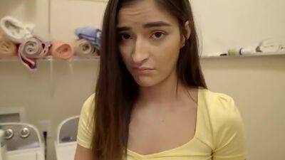 Bouncy teen Emily Willis lets her step brother perv on her before tricking into fucking her bald pussy from behind