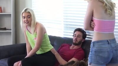 Chloe Cherry and her adopted sister Lily Radar fight over their stepbrothers hardon before agreeing to a family threesome