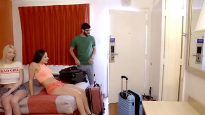 Cock craving babes Gia Love and Abella Danger join up to suck their stepbrother off and get a big dick pussy pounding