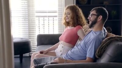 Redhead teen Abby Rains sneaks around with her stepbrother for hardcore fucking and blowjobs all over the house