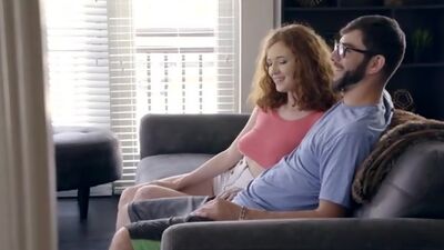 Redhead teen Abby Rains sneaks around with her stepbrother for hardcore fucking and blowjobs all over the house