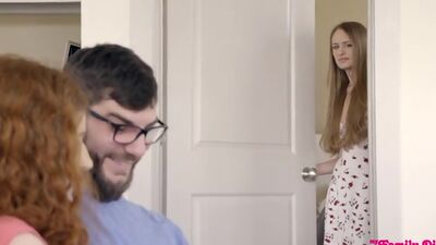 Redhead teen Abby Rains sneaks around with her stepbrother for hardcore fucking and blowjobs all over the house