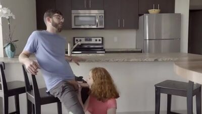 Redhead teen Abby Rains sneaks around with her stepbrother for hardcore fucking and blowjobs all over the house