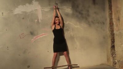 Restrained beauty orgasms while groped