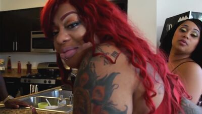 BBW babes take turns taking care of a big black cock