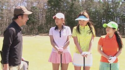 Cute Asian teen girls play a game of strip golf