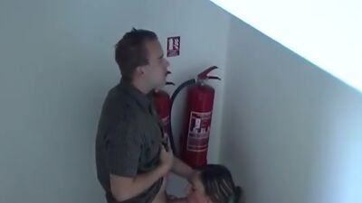 Sneaking from party guys fuck in the corridor!