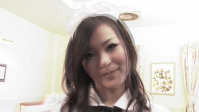 Cute asian babe waitress gives double blowjob