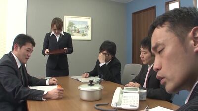 Sexy Asian office girl blows her coworkers