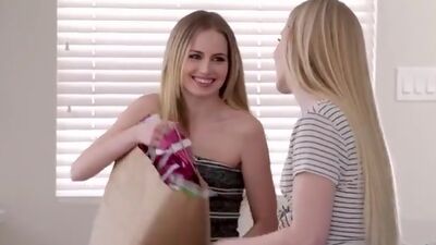 Hot lesbians Scarlett Sage and Emma Starletto put movie night on hold to enjoy a hot lesbian romp with tongues and toys