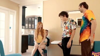 Donna cant keep her hands or mouth off Erics dick and sucking him off leads to a stiffie ride in her hairy pussy