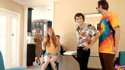 Donna cant keep her hands or mouth off Erics dick and sucking him off leads to a stiffie ride in her hairy pussy