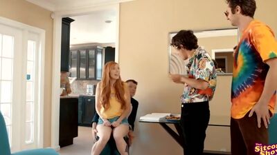 Donna cant keep her hands or mouth off Erics dick and sucking him off leads to a stiffie ride in her hairy pussy