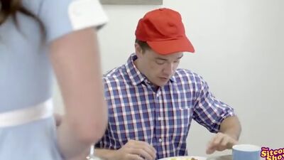 Mom has been feeling neglected so she seduces the milkman with a deep throat BJ and a stiffie ride in her trimmed twat