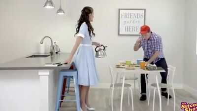 Mom has been feeling neglected so she seduces the milkman with a deep throat BJ and a stiffie ride in her trimmed twat