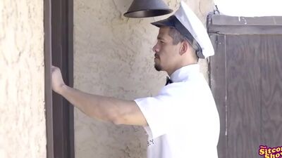 Mom has been feeling neglected so she seduces the milkman with a deep throat BJ and a stiffie ride in her trimmed twat