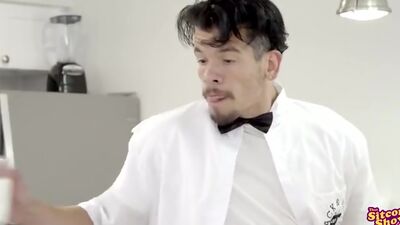 Mom has been feeling neglected so she seduces the milkman with a deep throat BJ and a stiffie ride in her trimmed twat