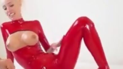 skinny blonde in red latex suit