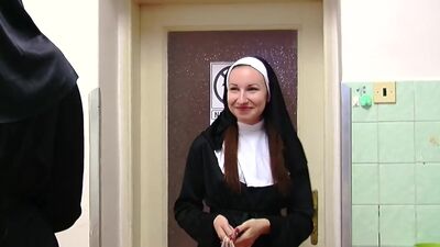 Naughty nuns in stockings play with food and each other