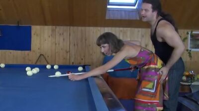 Fiery babe in barely visible stockings going down for fucking billiard game