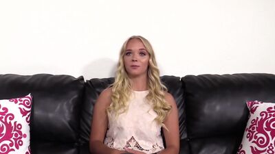 BACKROOM CASTING COUCH - Amateur blonde Chanel fed cum after anal riding balls deep
