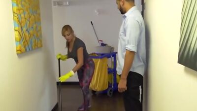 Blonde cleaning lady sucks and rides rod on couch