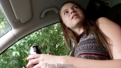 Busty hitchhiking cutie fucks driver outdoors