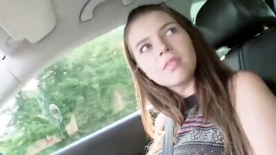 Busty hitchhiking cutie fucks driver outdoors