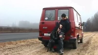 Brunette babe fucked on street and sucking big cock